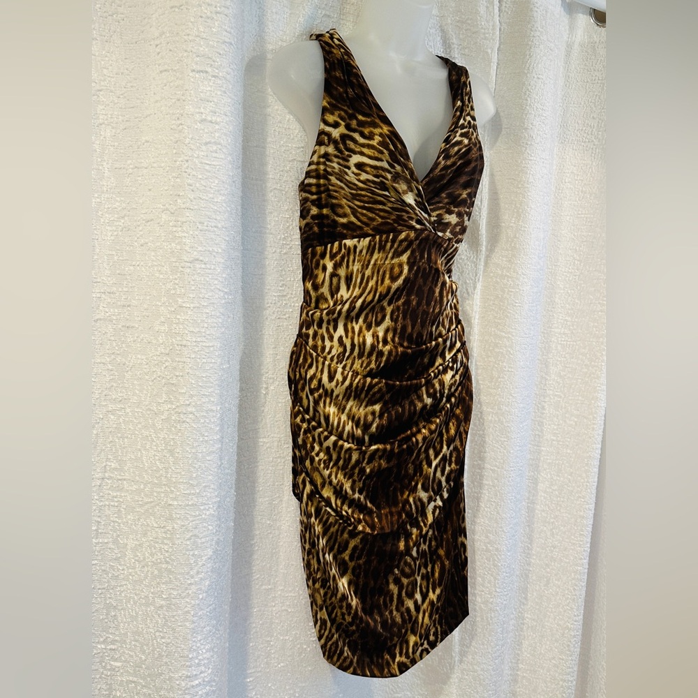 Gorgeous Vintage Cache V-Neck Dress 10 Leopard Animal Ruched Side - Picture 4 of 13